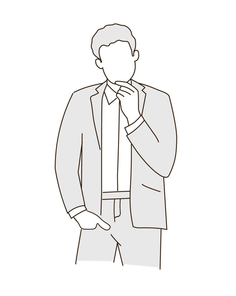 A man in a strict business suit. Businessman, office worker, manager thinks. Vector linear style graphics.