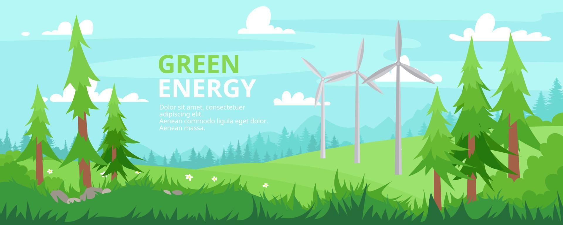 Forest landscape banner. Wind turbines. Industrial green energy concept. Vector illustration in a flat style. Wind mill on summer background. Renewable energy sources. Wind farm and factory.