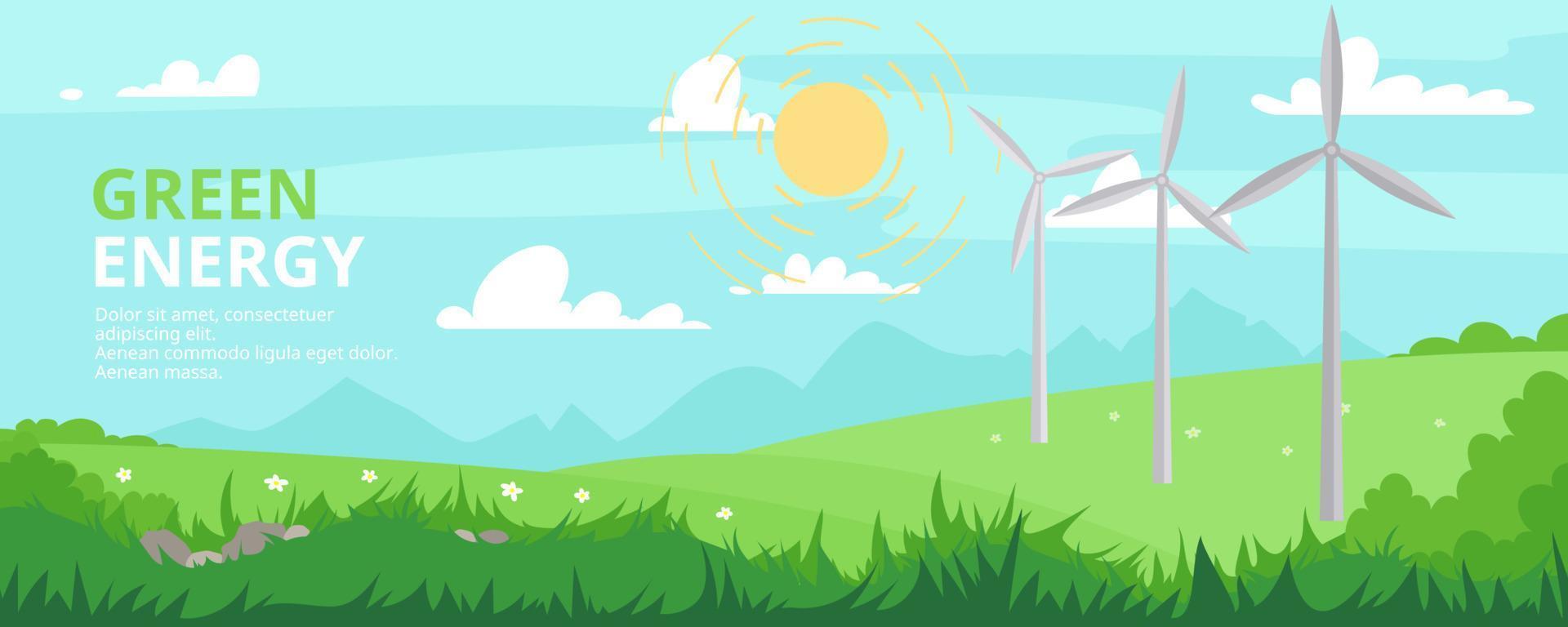 Meadow landscape banner. Wind turbines. Industrial green energy concept. Vector illustration in a flat style. Wind mill on summer background. Renewable energy sources. Wind farm and factory.