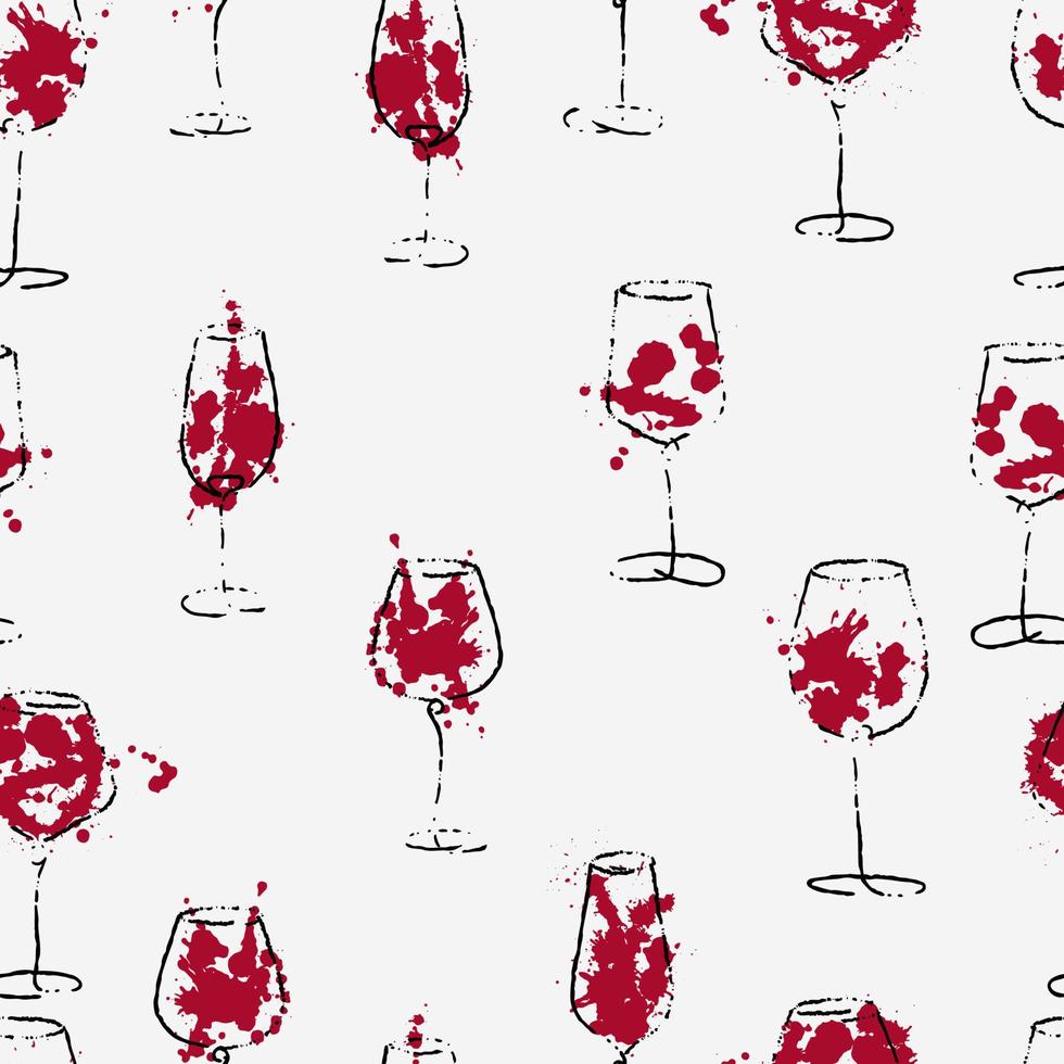 Watercolor hand drawn sketch of wine glasses seamless background. Grunge brush wine glass pattern on white. For bar or restaurant menu, wine tasting invitation or party. Red paint splash. Vector. vector