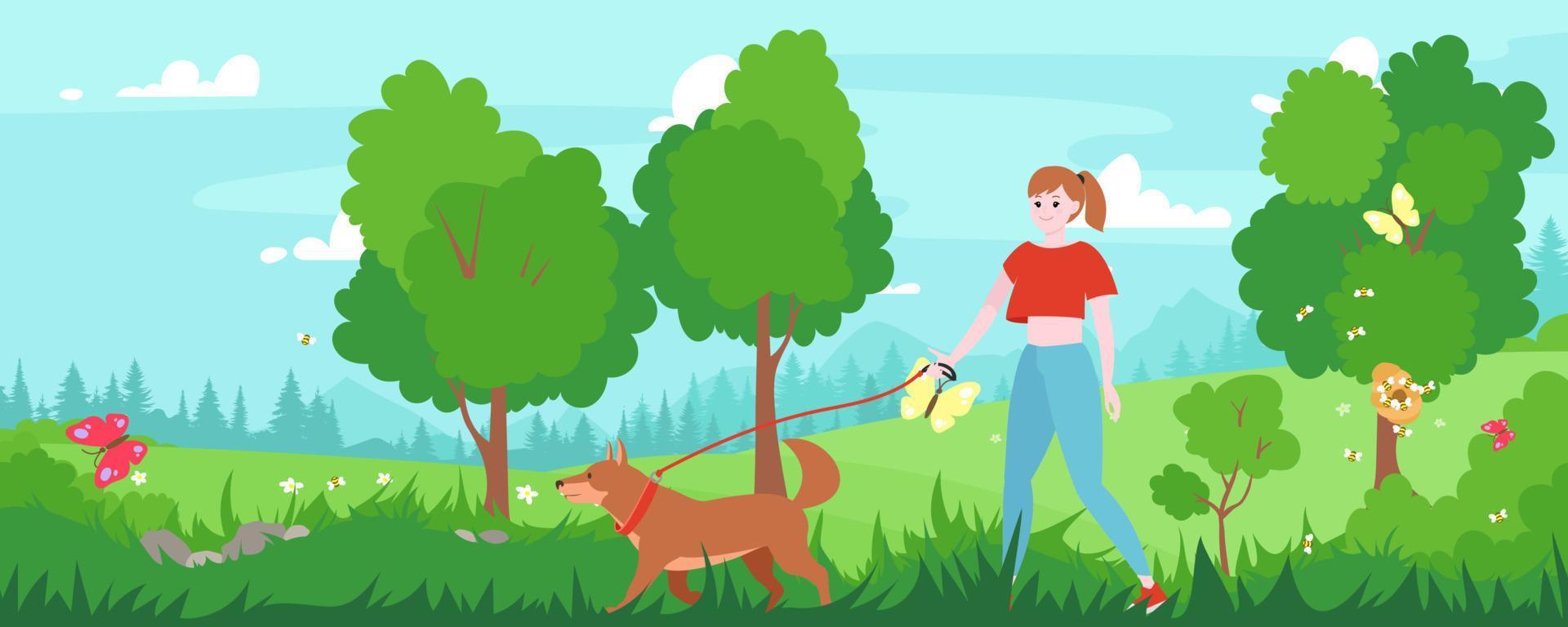 mujer joven caminando con perro en el parque, temporada de primavera. actividad al aire libre, concepto de entrenamiento. paisaje con prado de hierba verde, árboles, flores, insectos y silueta forestal en el fondo. vector