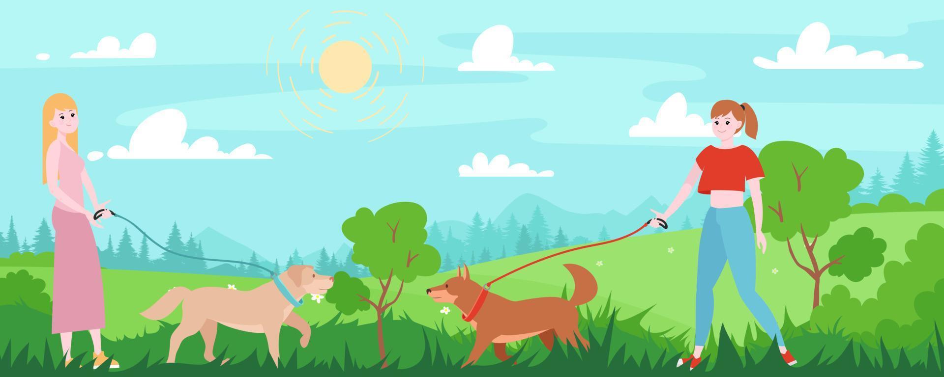 Young women's walking with dogs in the park, spring season. Outdoor activity, training concept.  Landscape with green grass meadow, trees, flowers, bugs, and forest silhouette on the background. vector