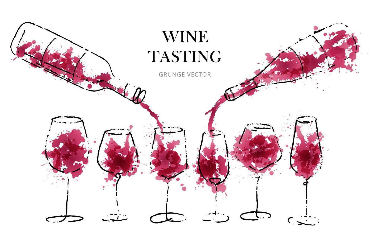 Watercolor hand drawn sketch of wine glasses and bottle. Wine tasting grunge style brush isolated on white. For bar or restaurant menu list, invitation or party. Red paint splash. Vector. vector