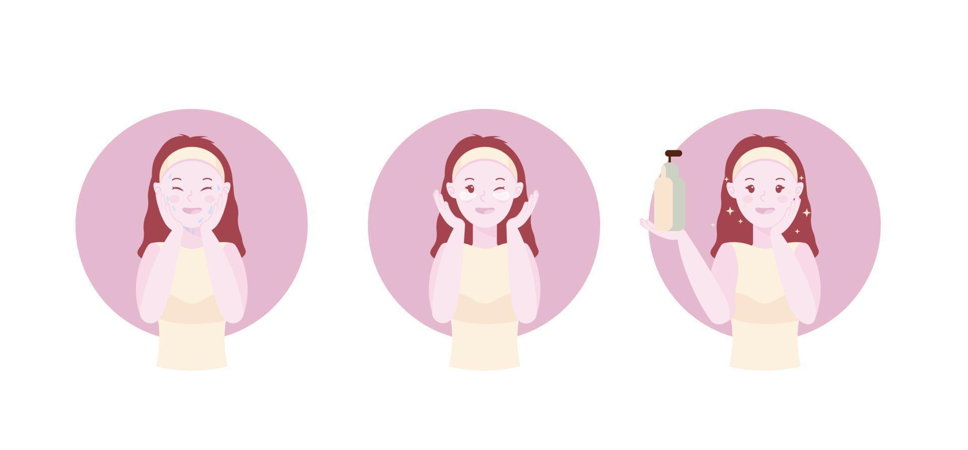 Skin cleansing vector illustration, cute girl wash her face in three steps. Using SPF cream. Body care and SPA.  Beauty and cosmetics concept.