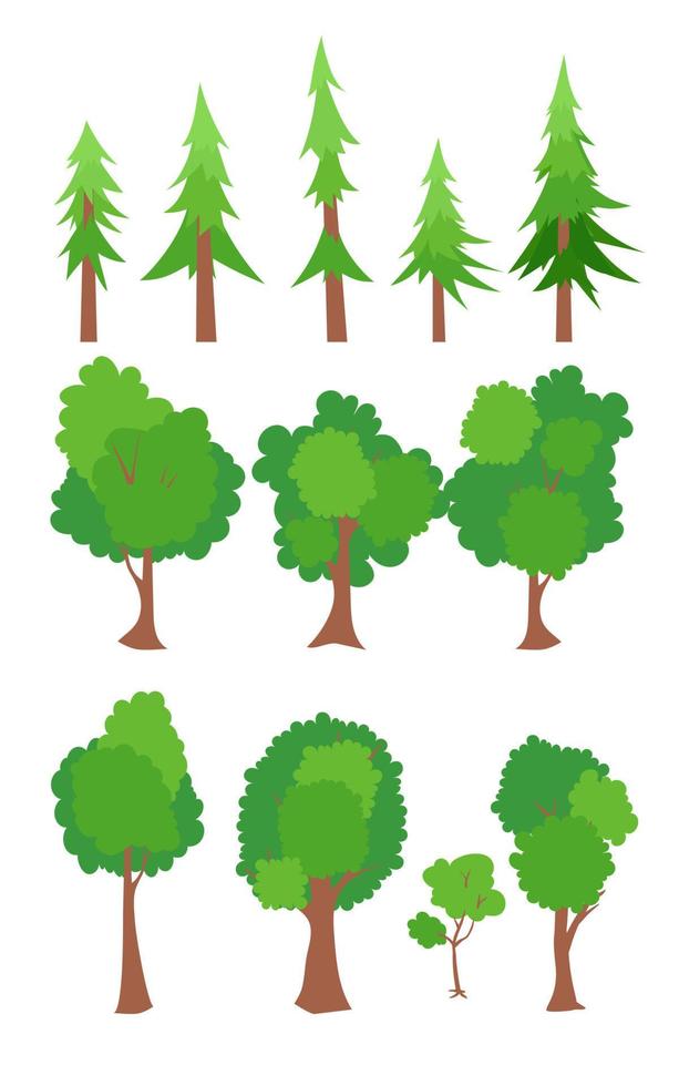 árboles verdes ilustración vectorial plana. pino, abeto, roble, arce. hermosas hojas verdes aisladas en blanco. planta de bosque natural para paisajismo. plantilla de jardín ecológico. árboles de la temporada de primavera. vector