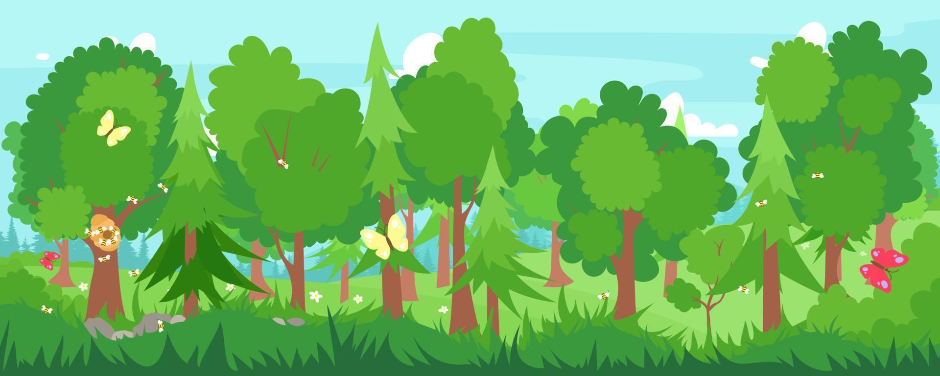 Green trees in forest flat vector illustration. Pine, fir tree, oak, maple. Beautiful green grass. Natural forest landscaping plant. Ecology park template. Spring season landscape with bugs.
