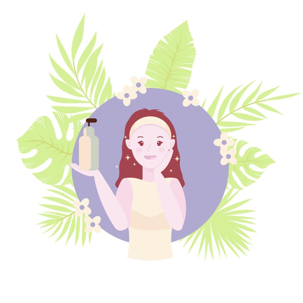 ilustración vectorial de limpieza de la piel, linda chica se lava la cara y usa crema spf. piel brillante, efecto de piel de cristal de moda. cuidado del cuerpo y spa. hojas tropicales en el fondo. concepto de belleza y cosmética. vector