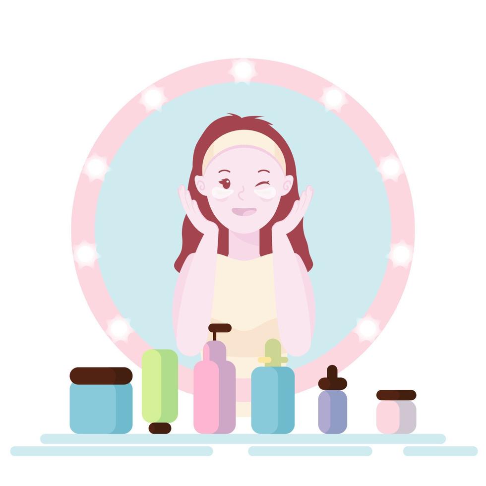 Skin cleansing vector illustration, cute girl wash her face and using SPF cream. Glowing skin, trendy glass skin effect. Body care and SPA. Looking in the mirror. Beauty and cosmetics concept.