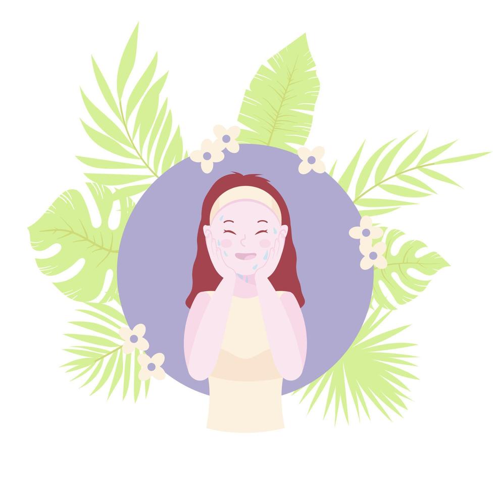 Skin cleansing vector illustration, cute girl wash her face. Body care and SPA. Tropic leaves on background. Beauty and cosmetics concept.