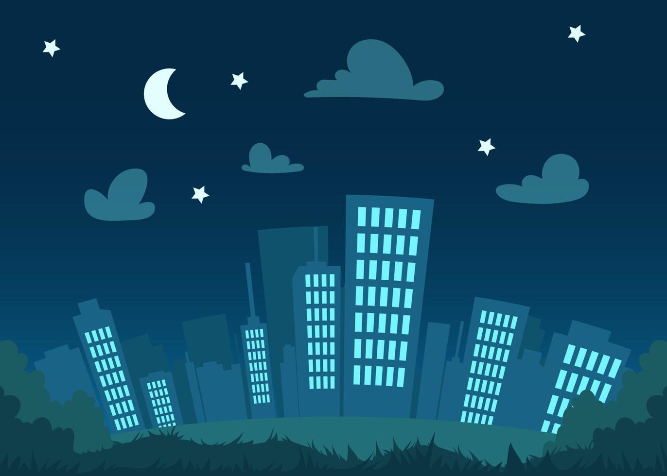 Flat cityscape at the nigh with clouds, moon, stars. Modern town skyline panoramic vector background. City tower skyscraper illustration. Urban silhouette with park. Panorama architecture buildings.