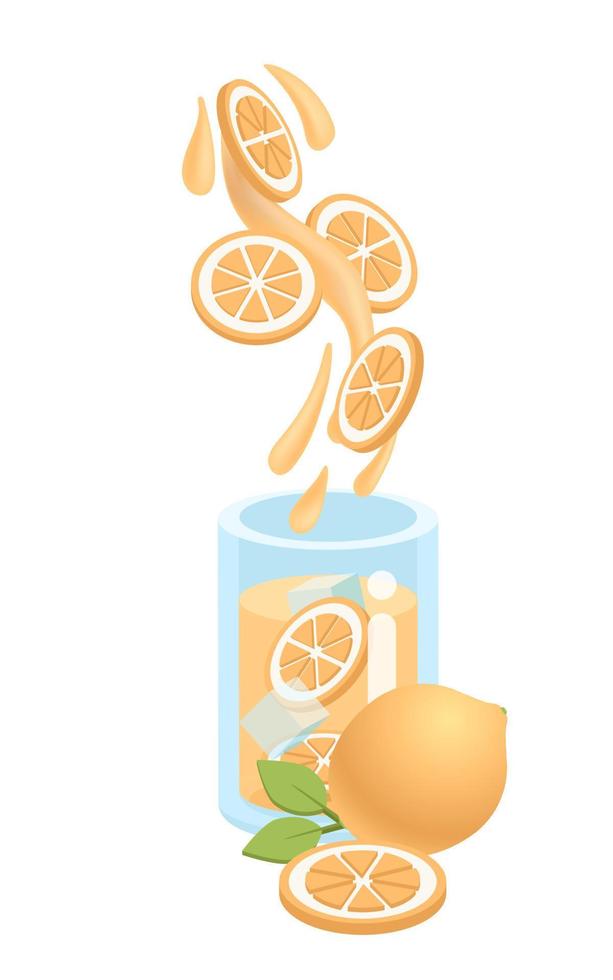 Fresh Lemonade, slices of lemon and whole lemon with leaf on white background. Slice fall into jar. Summer exotic fresh sour drink. Home made Lemonade beverage, poster, template. Vector illustration.