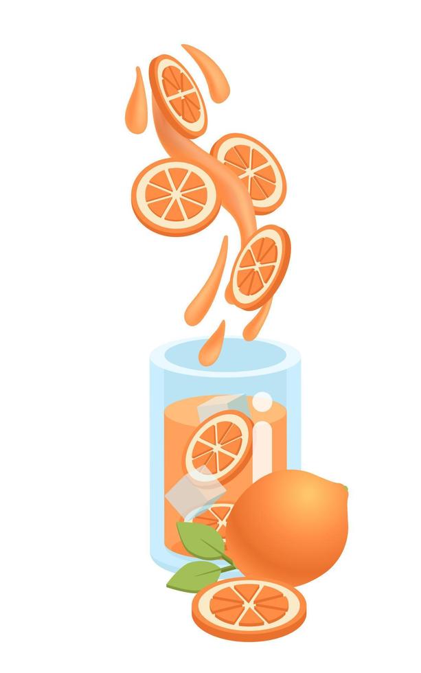 Fresh Orange juice, slices of citrus and whole orange with leaf on white background. Slice fall into jar. Summer exotic fresh sour drink. Home made beverage, poster, template. Vector illustration.
