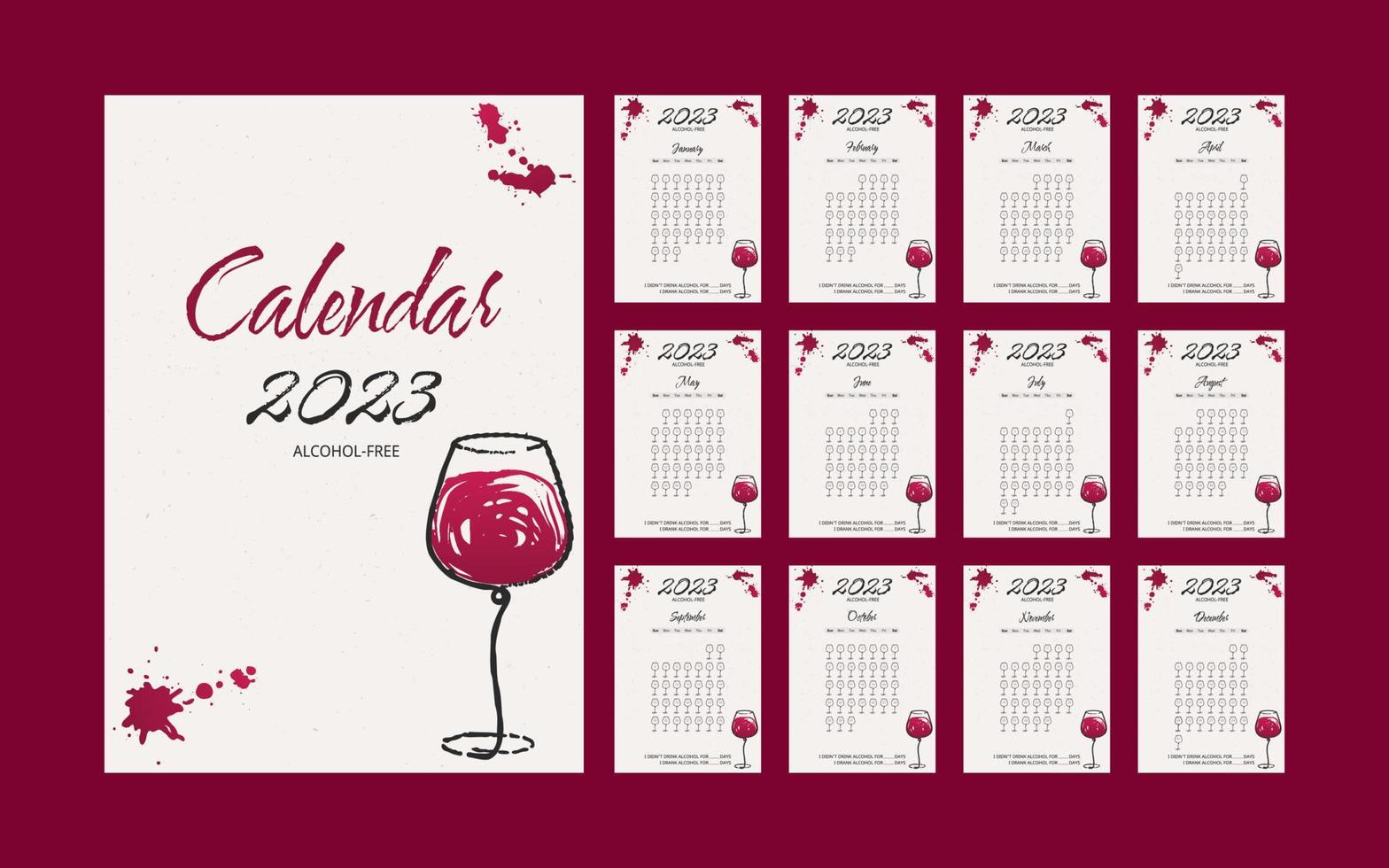 2023 calendar, alcohol checklist. Habit tracker. Quit drinking. Watercolor grunge hand drawn sketch of wine glasses. Red paint splash. Vector template. Monthly calendar for Alcoholics Anonymous.