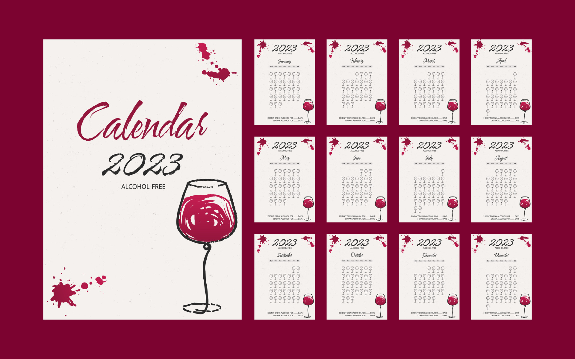 2023 calendar alcohol checklist Habit tracker Quit drinking