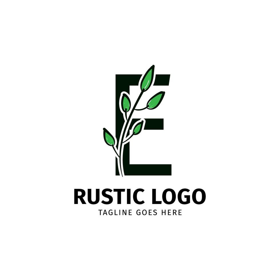 letter E doodle leaf initial rustic vector logo design element