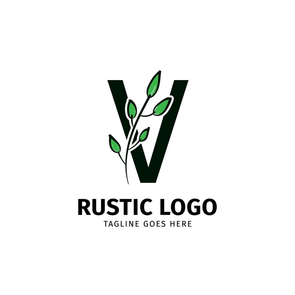 letter V doodle leaf initial rustic vector logo design element