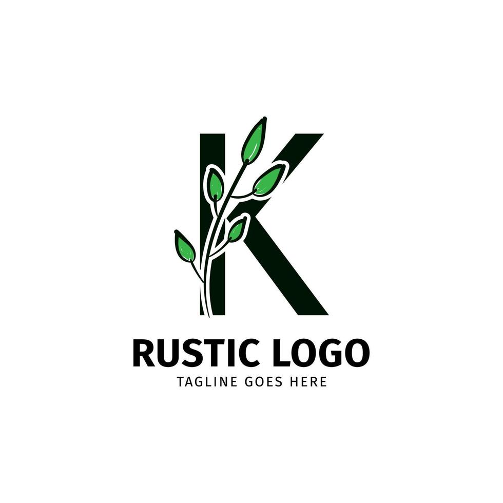 letter K doodle leaf initial rustic vector logo design element