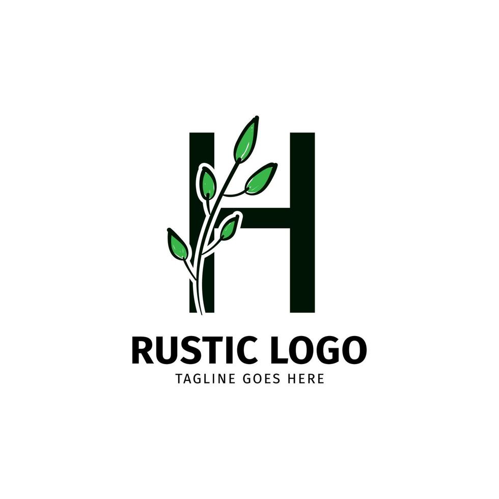 letter H doodle leaf initial rustic vector logo design element