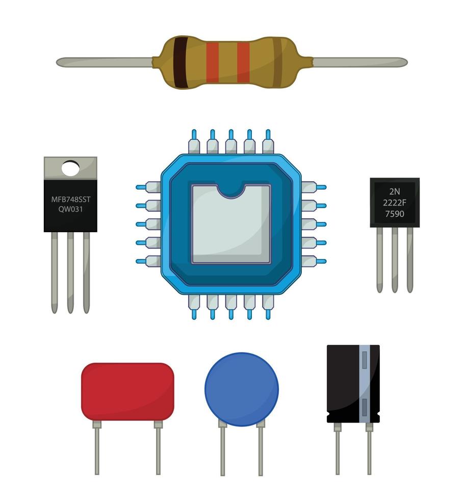 electrónica componentes íconos colocar, dibujos animados conjunto de resistor, ic, transistor, condensador y voltaje regulador. vector