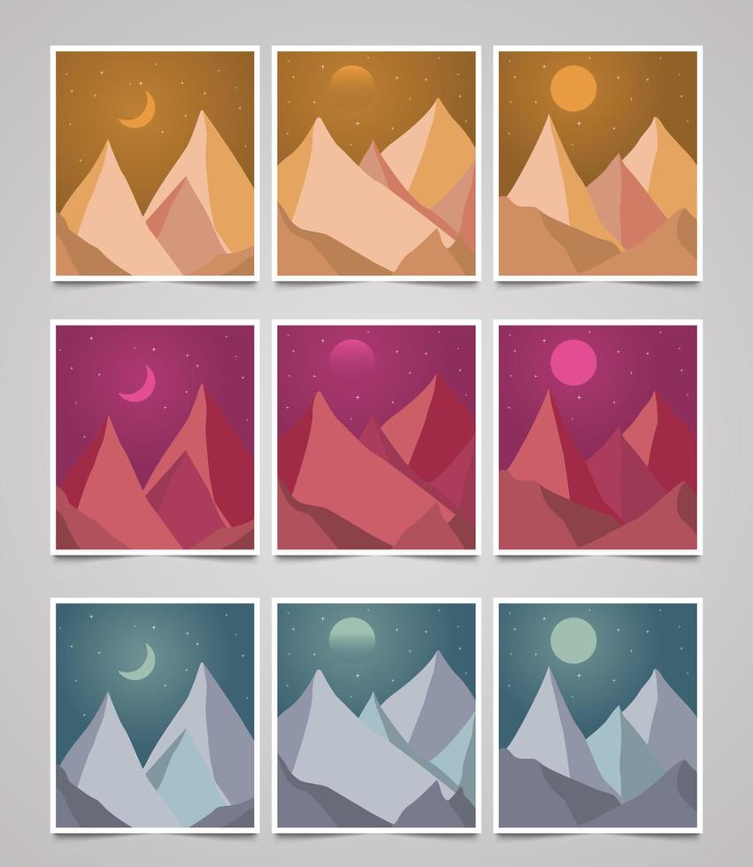 Abstract flat minimalist landscape design set with different colors. winter mountains cold snowy season with day, night scene. vector