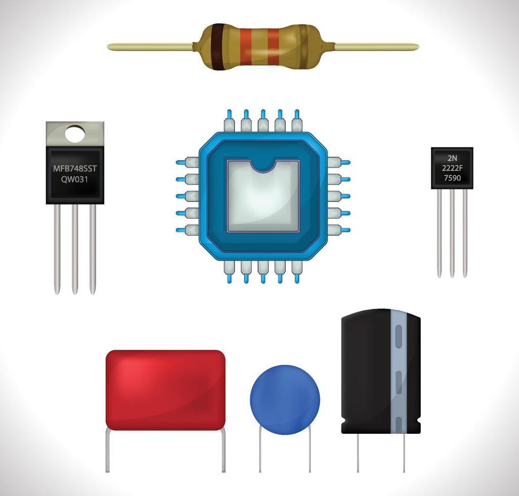 electrónica componentes íconos colocar, realista dibujos animados conjunto de resistor, ic, transistor, condensador y voltaje regulador. vector