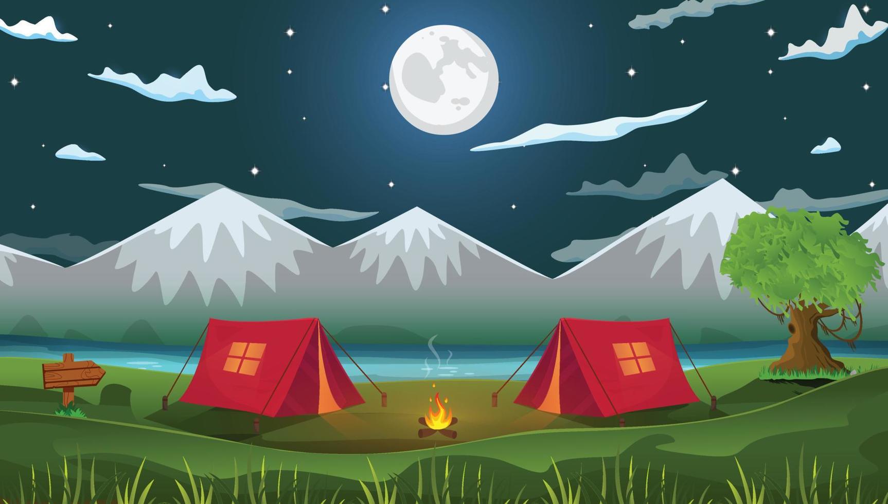 Night natural cartoon background camping scene with two tents, fire, lake, mountains with trees and night sky cartoon vector illustration.