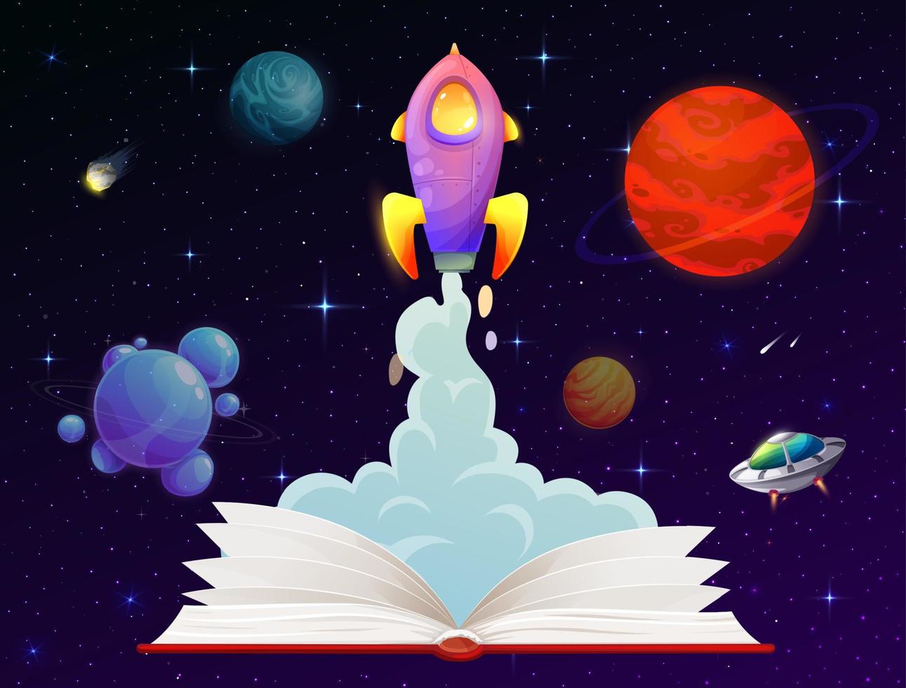 Opened book and rocket launch, starship fast start vector