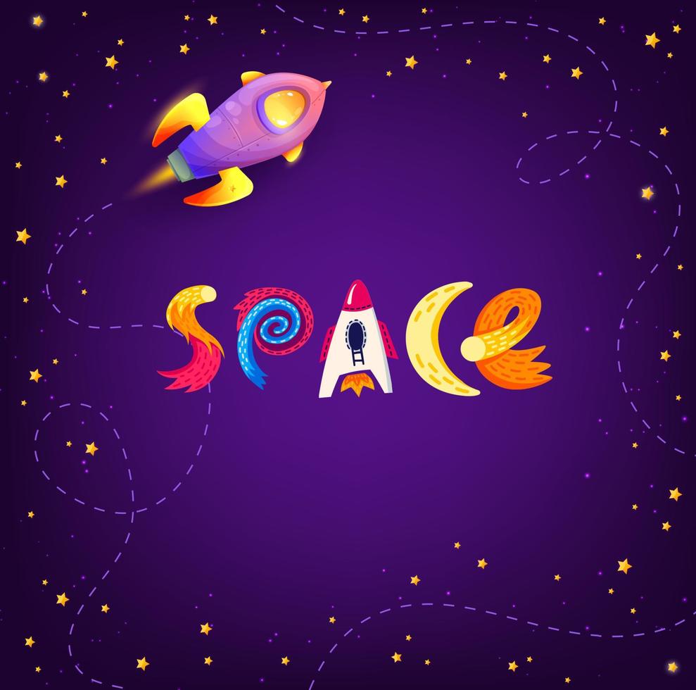 Cartoon space background, spaceship and stars vector