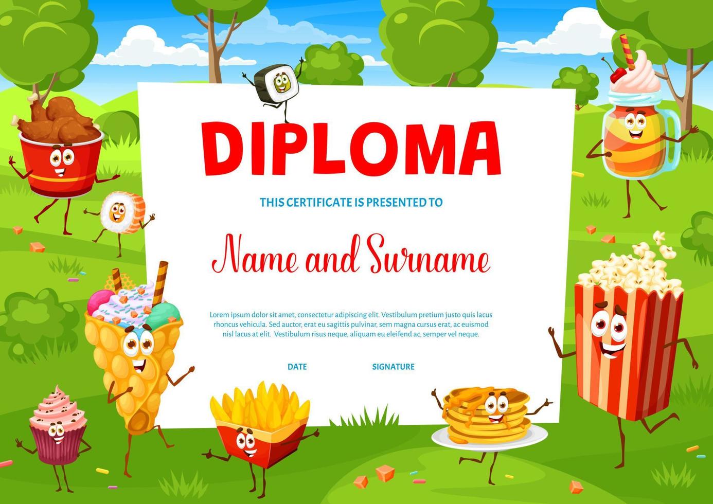 Kids diploma fast food and desserts characters vector
