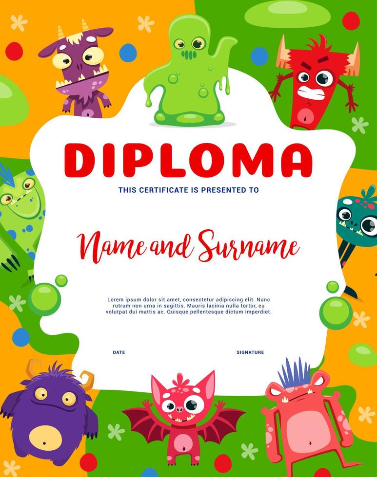Kids diploma cartoon funny monster characters vector