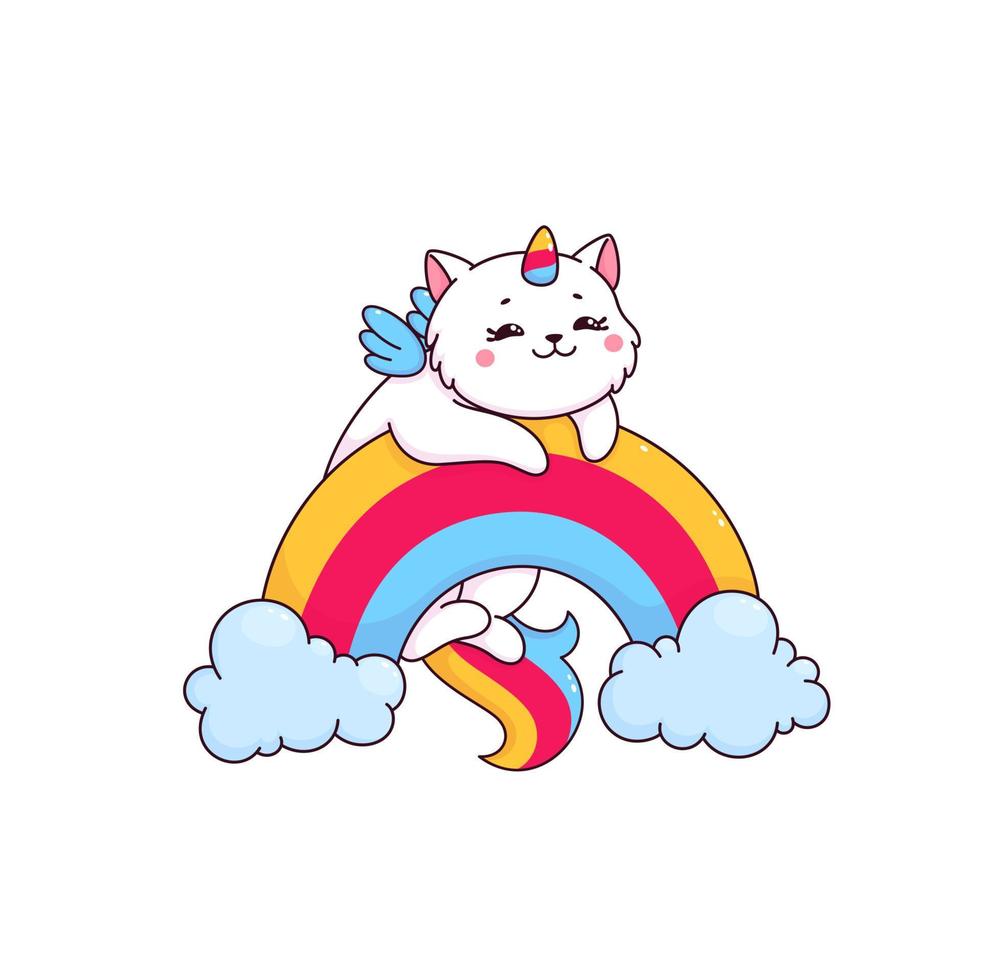 Cartoon cute caticorn funny character on rainbow vector