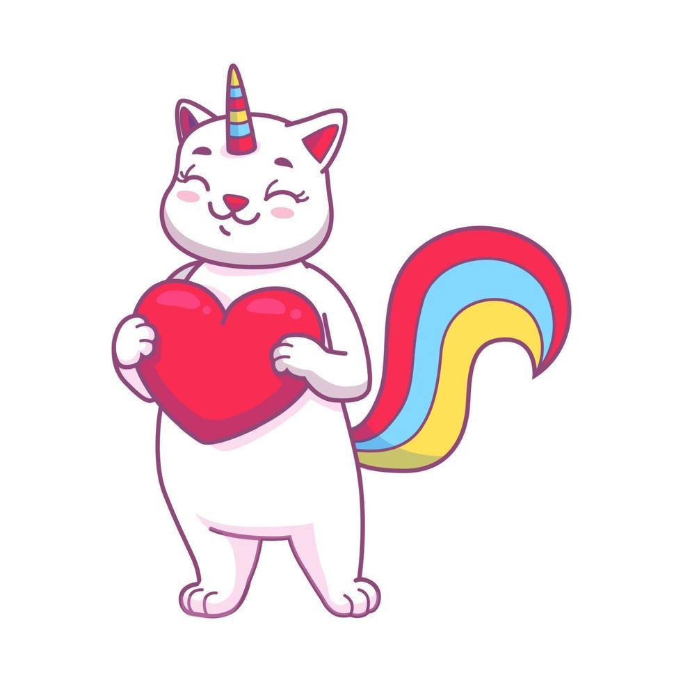 Cute cartoon caticorn character holding heart vector