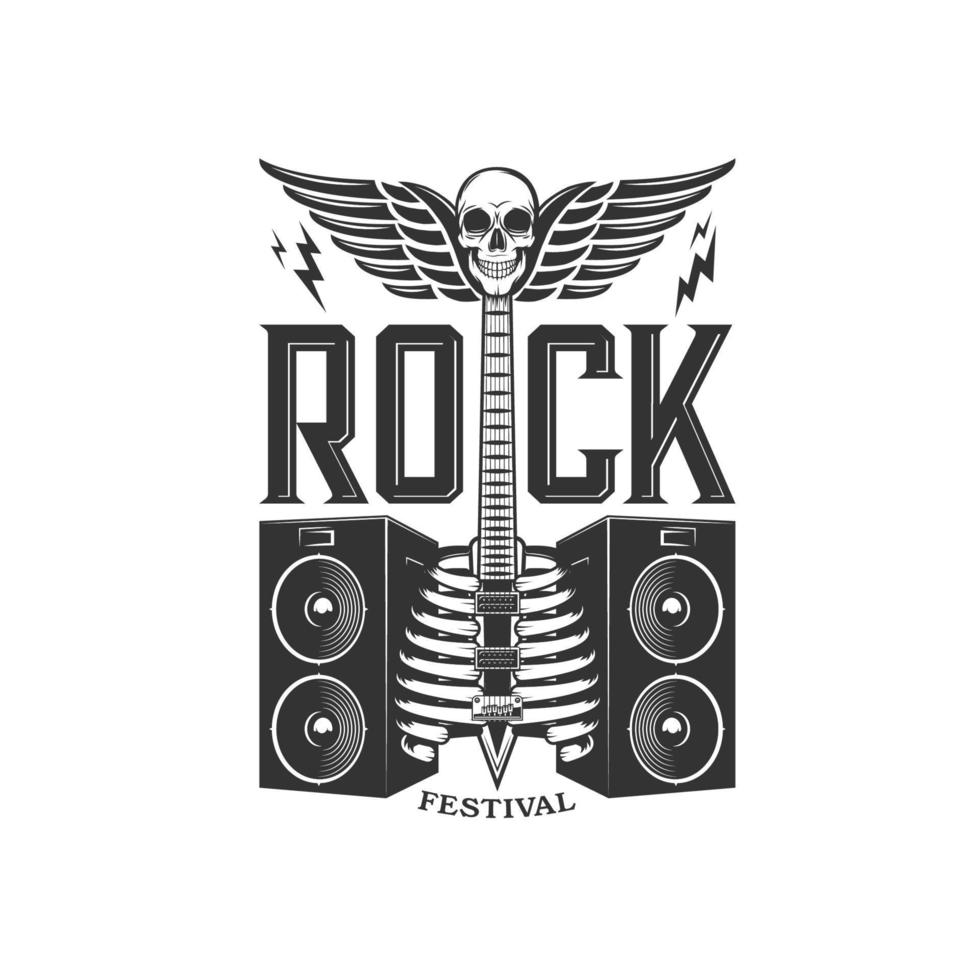 Hard rock festival icon, skull, bass guitar wings vector