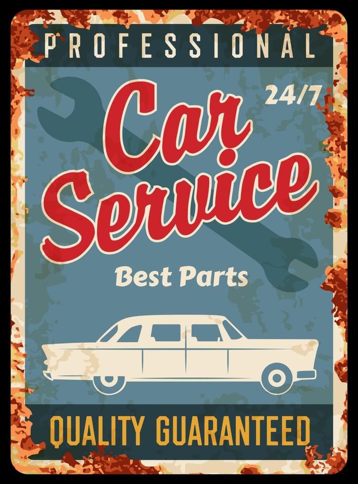 Vintage car repair service mechanic rusty plate vector