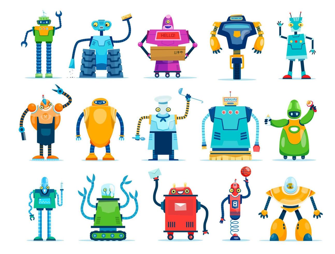 Cartoon robots, droids characters, vector cyborgs