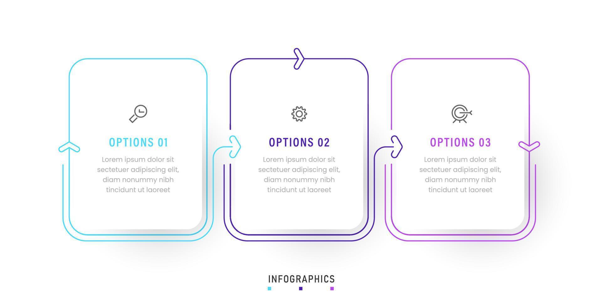 plantilla de diseño de etiquetas infográficas vectoriales con iconos y 3 opciones o pasos. se puede utilizar para diagramas de proceso, presentaciones, diseño de flujo de trabajo, banner, diagrama de flujo, gráfico de información. vector