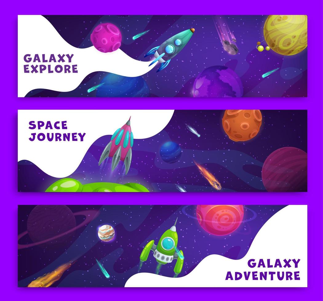 Cartoon space banners, vector horizontal cards