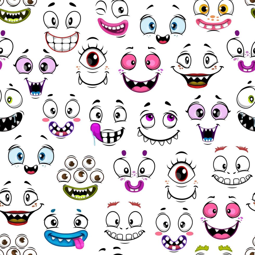 Scary or eerie cartoon face emoji seamless pattern vector