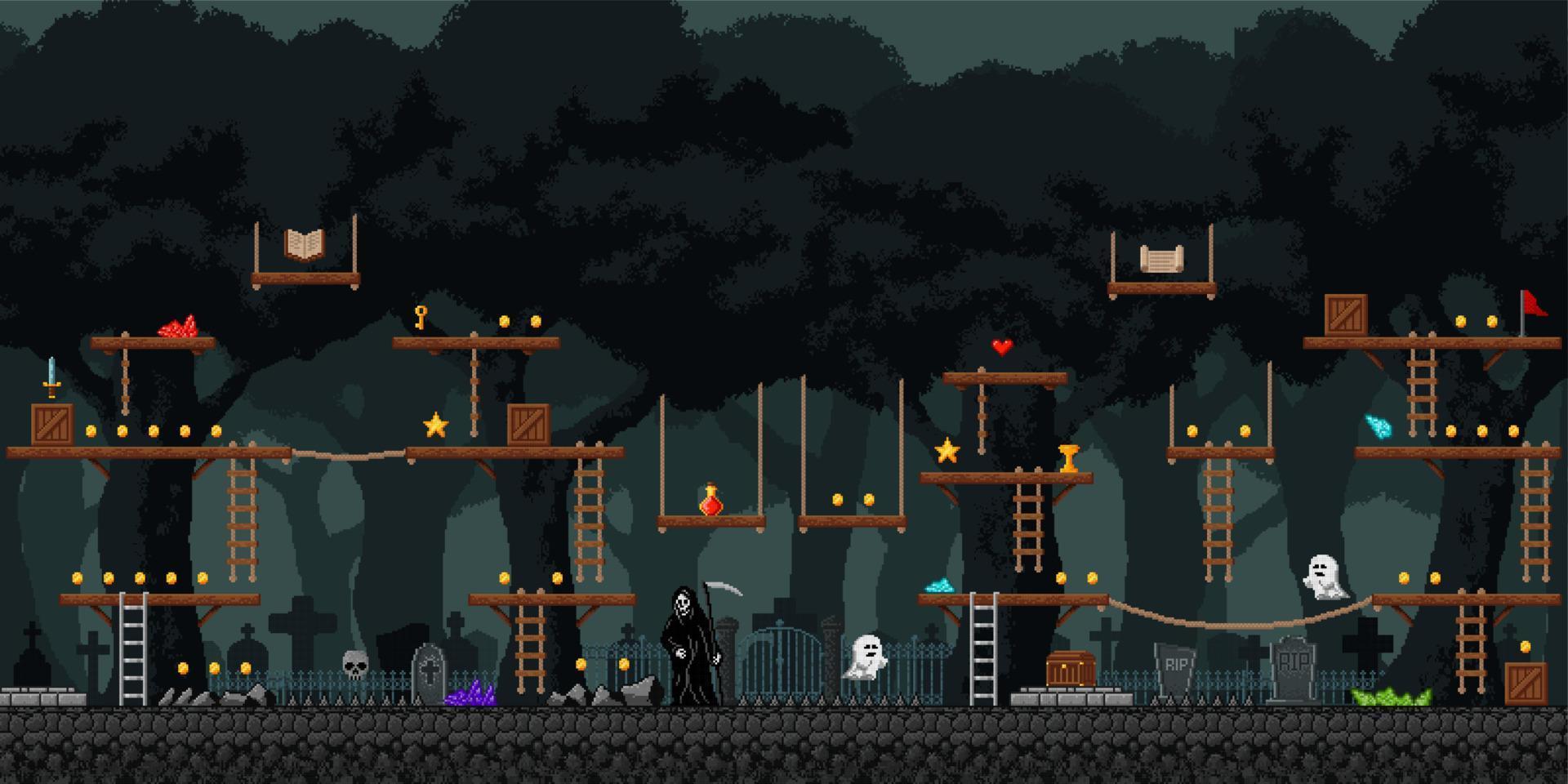 Night forest, cemetery game level screen interface vector