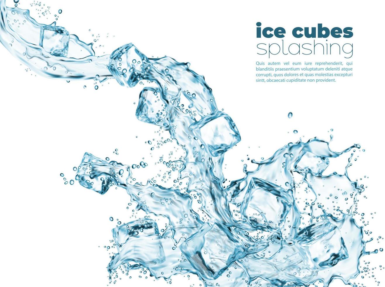 Blue water wave splash and ice crystal cubes vector