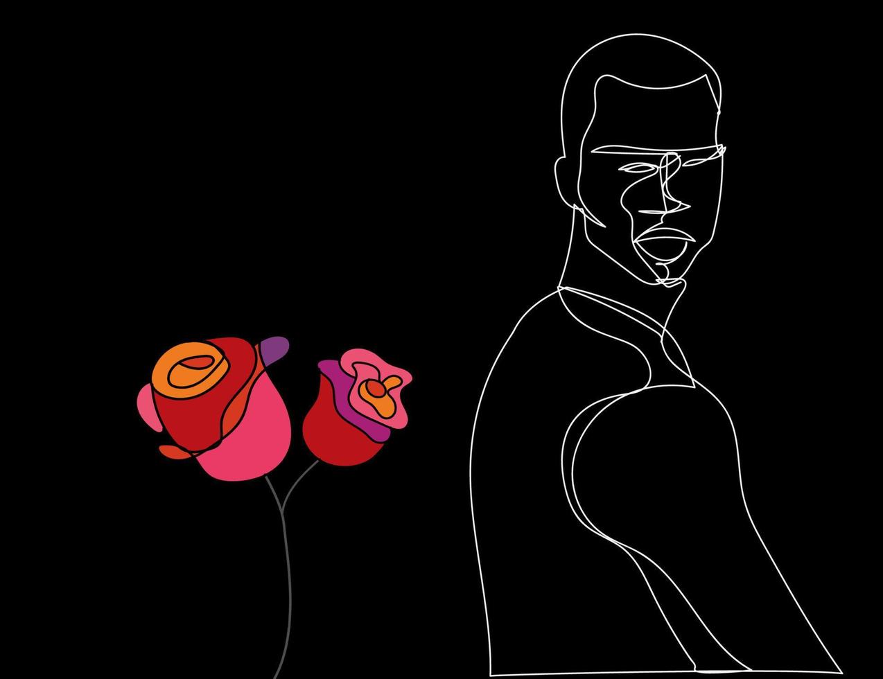 Black man Continuous one line, contoure, and color roses graphic design isolated black background vector