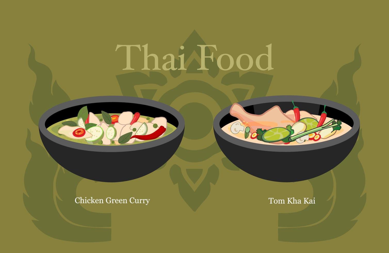 Thai food tom kha kai  and green chicken curry Thai food vector