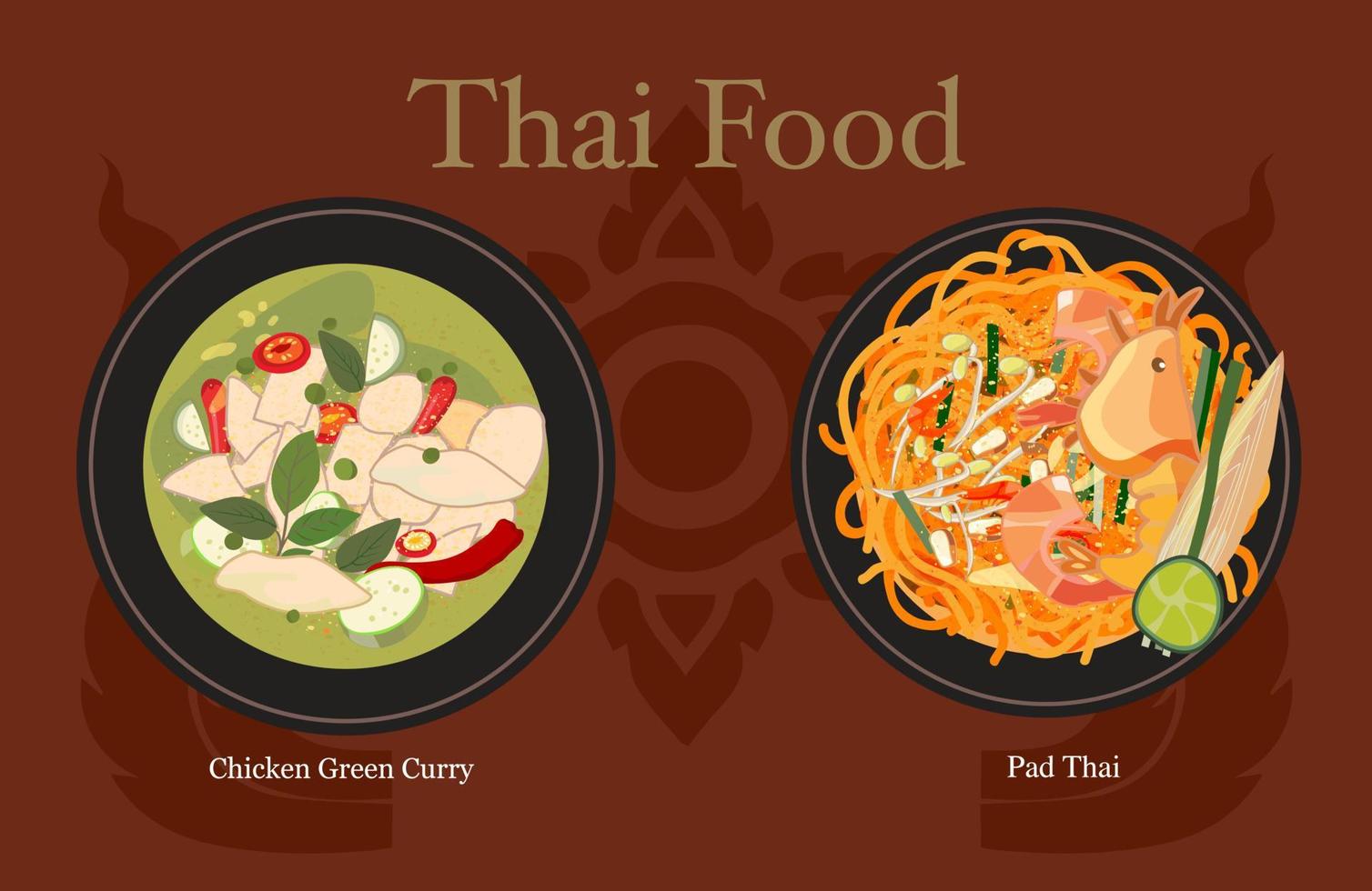 Thai food hot green chicken curry and Pad Thai top view vector