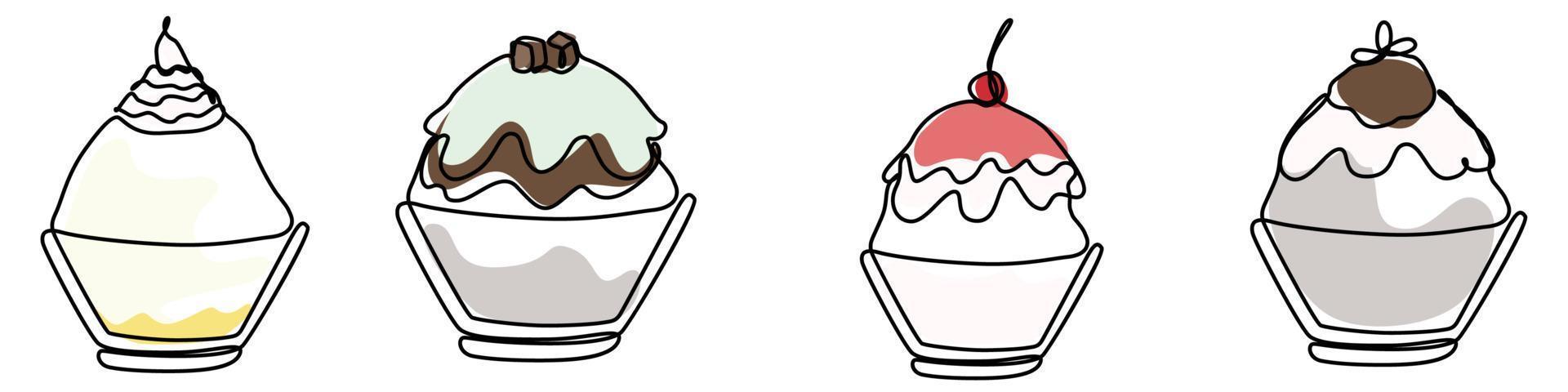 ice shaved bingsu korean japanese style sweet dessert in minimal one continuous line simple design style vector