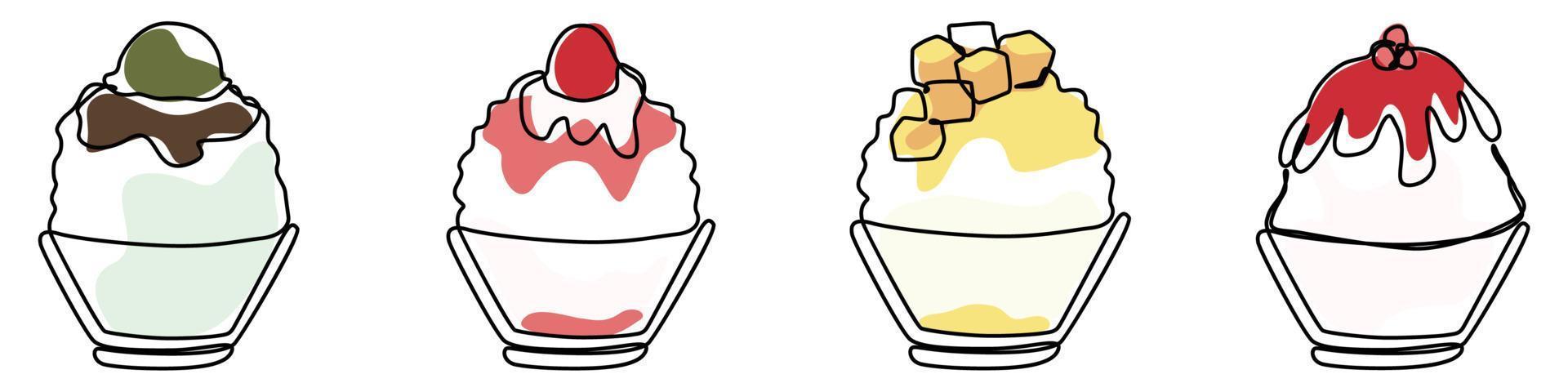 hielo afeitado bingsu coreano japonés estilo dulce postre en mínimo uno continuo línea sencillo diseño estilo vector