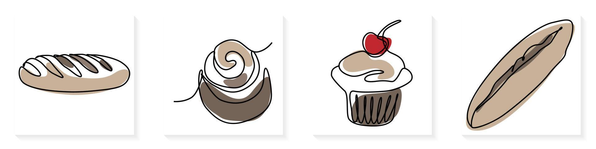 Single continuous line drawing of stylized sweet fresh bake bakery pastry in minimal continuous one line Modern one line draw design vector illustration for cafe or food delivery service