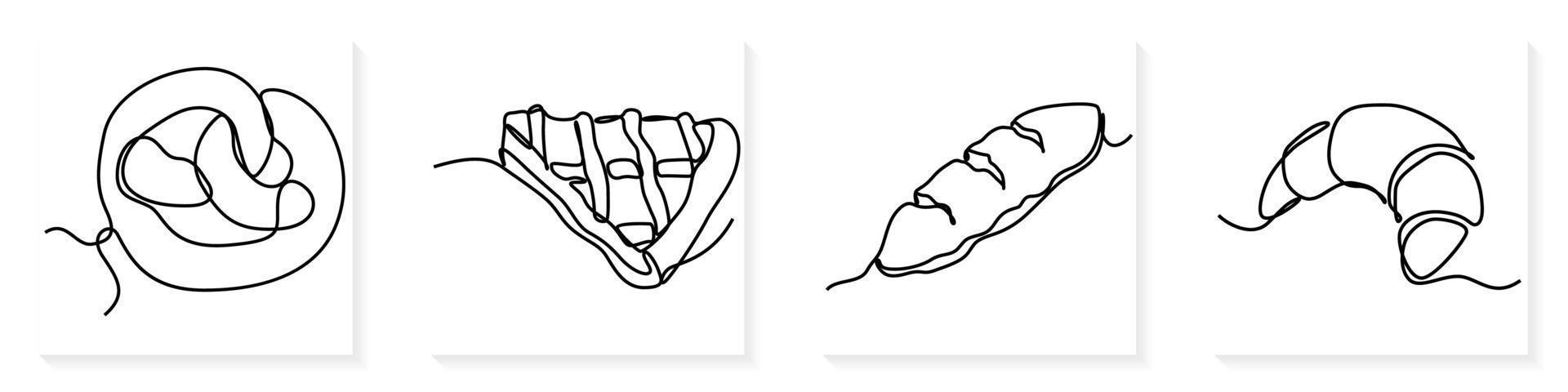 Single continuous line drawing of stylized sweet fresh bake bakery pastry in minimal continuous one line vector