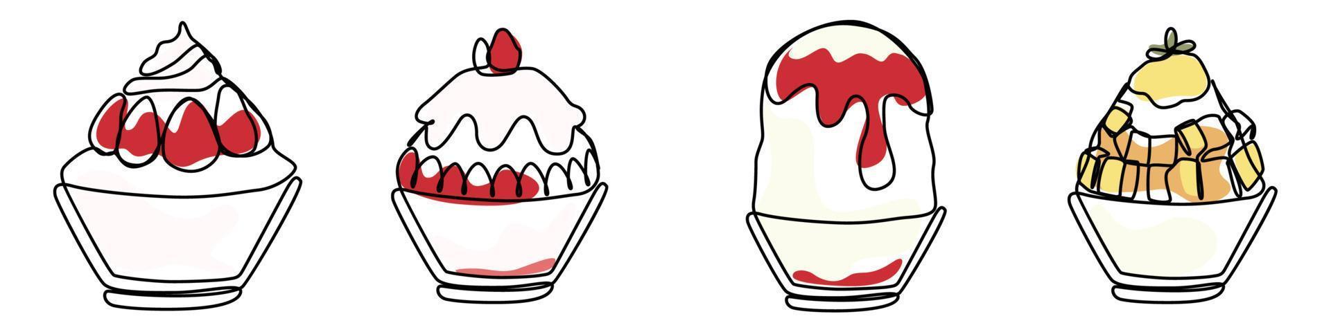 ice shaved bingsu korean japanese style sweet dessert in minimal one continuous line simple design style vector