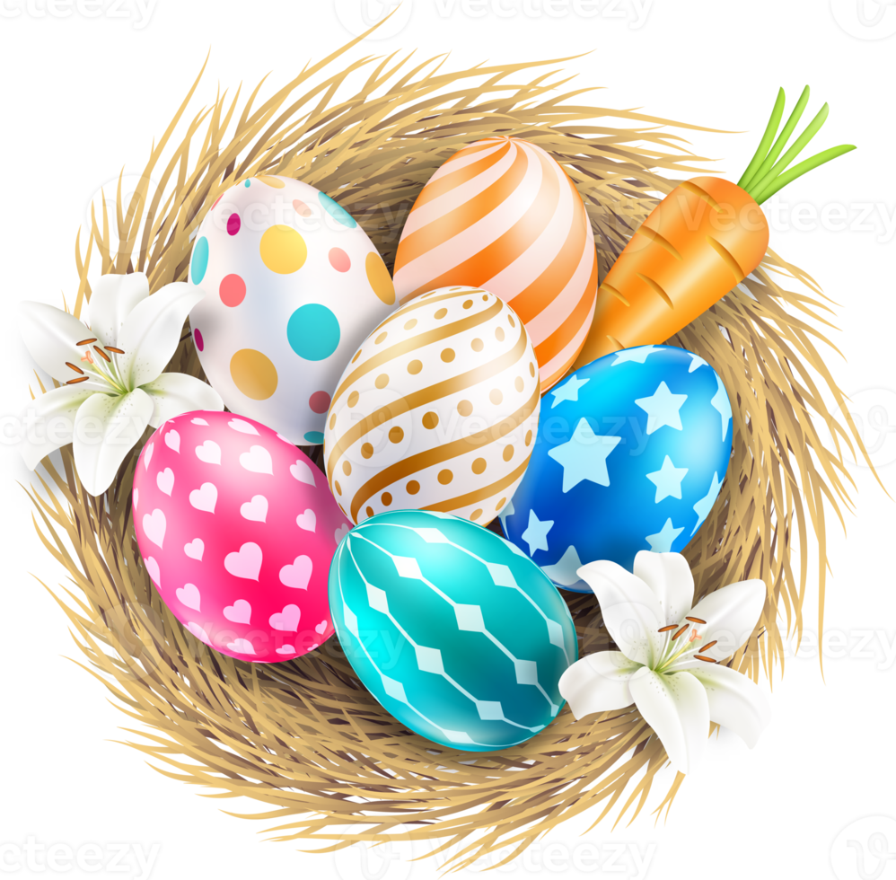 Happy Easter day colorful eggs in basket top view 14466539 PNG