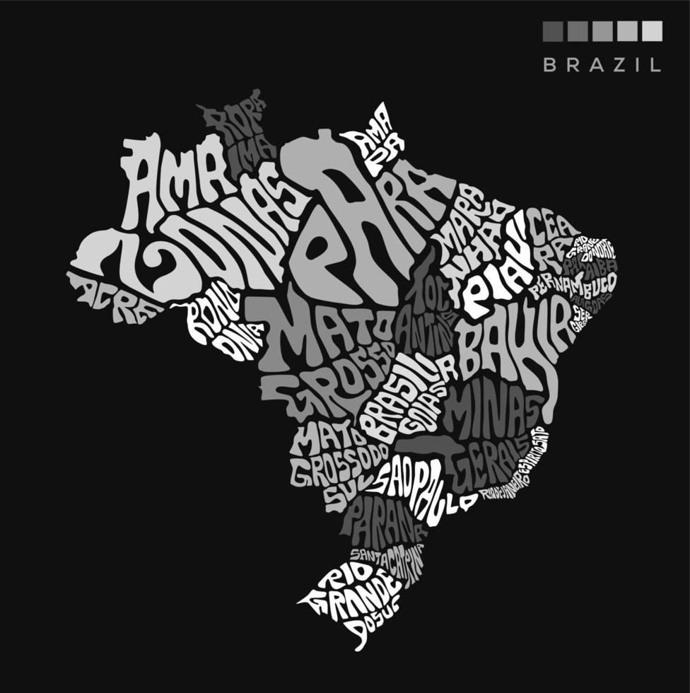 Brazil Map with all states name typography. Brazil lettering map in black  and white color. vector